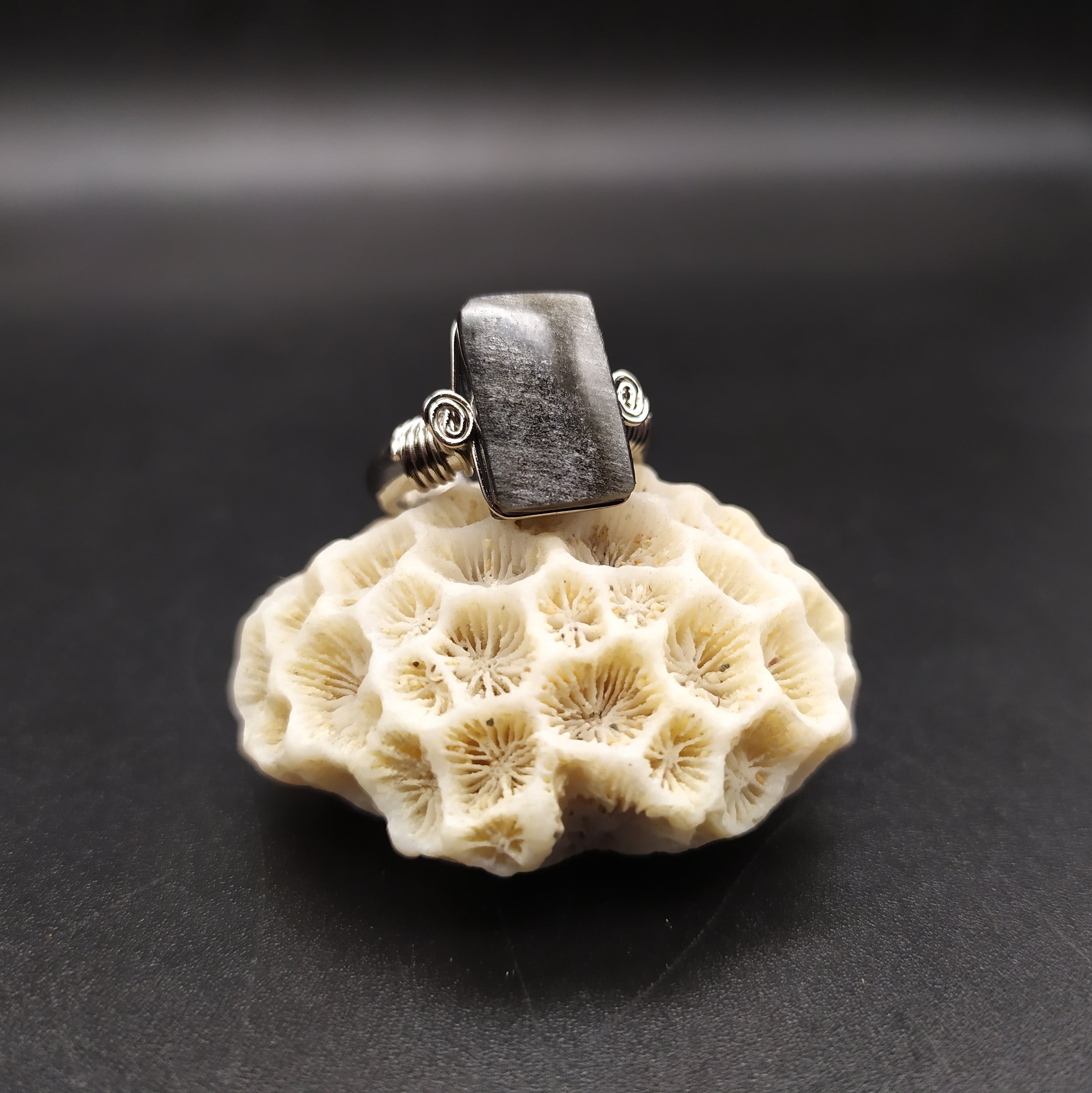 Anello con ossidiana argentata